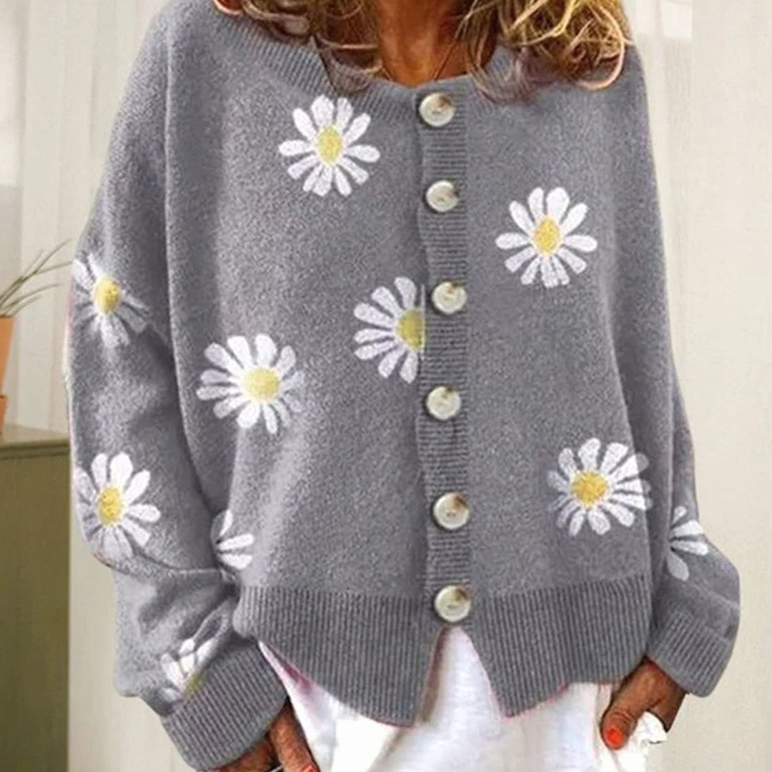 Women's Daisy Floral Button-Front Relaxed Knit Winter Cardigan