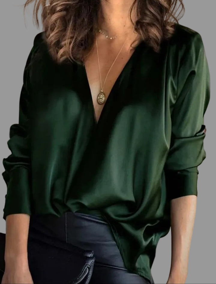 Women's Deep V-Neck Satin Long-Sleeve Draped Blouse - Green