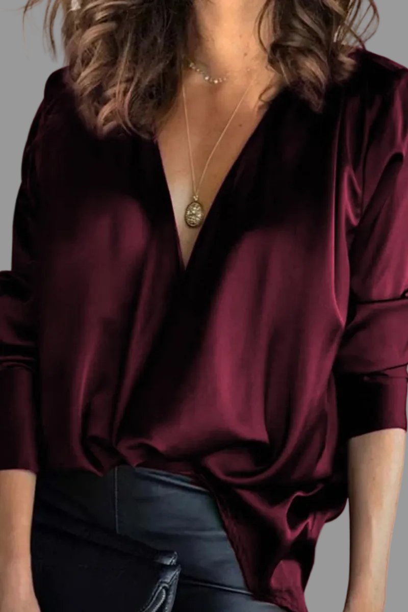 Women's Deep V-Neck Satin Long-Sleeve Draped Blouse - Burgundy