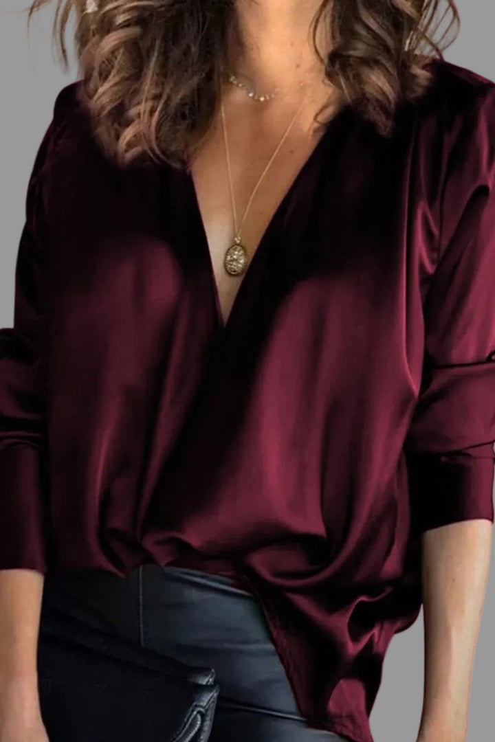 Women's Deep V-Neck Satin Long-Sleeve Draped Blouse - Burgundy