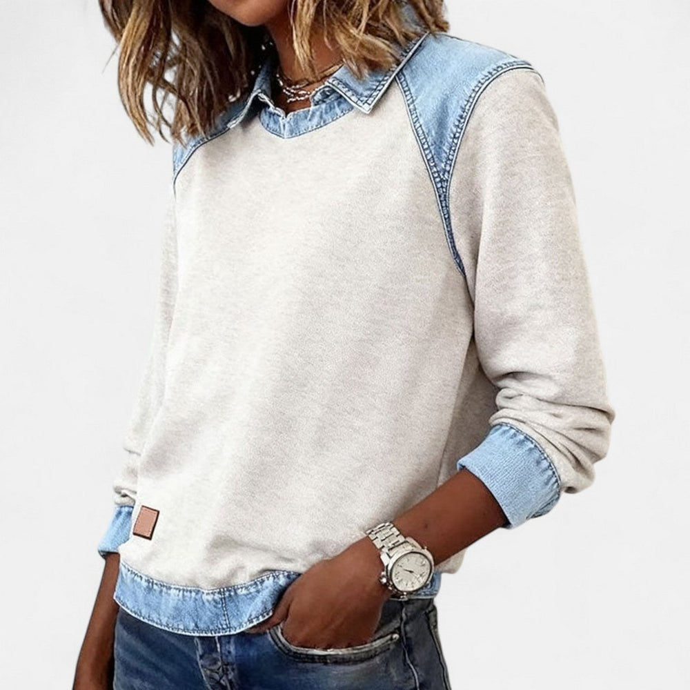 Women's Denim Collar Raglan Long Sleeve Knit Sweater