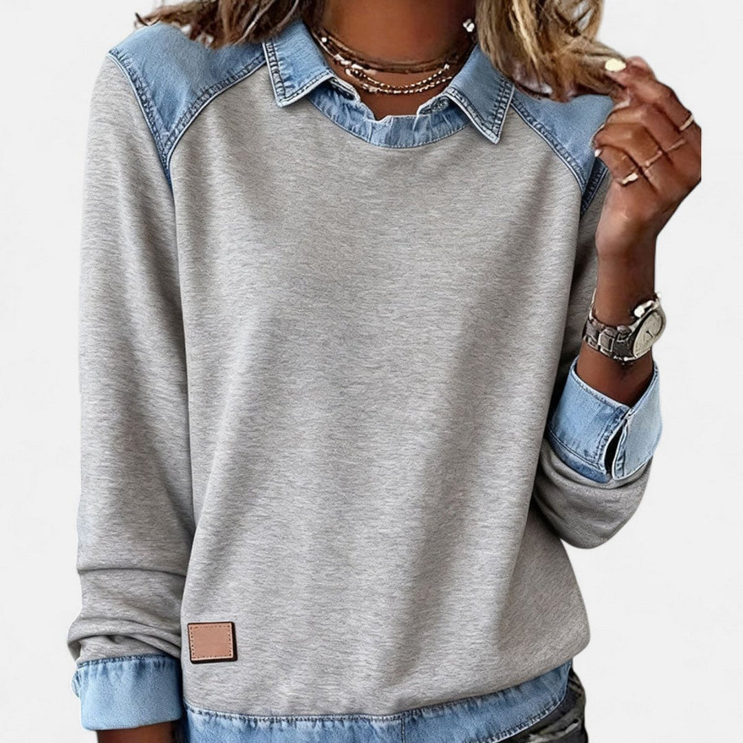 Women's Denim Collar Raglan Long Sleeve Knit Sweater - Gray