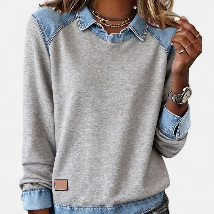Women's Denim Collar Raglan Long Sleeve Knit Sweater - Gray