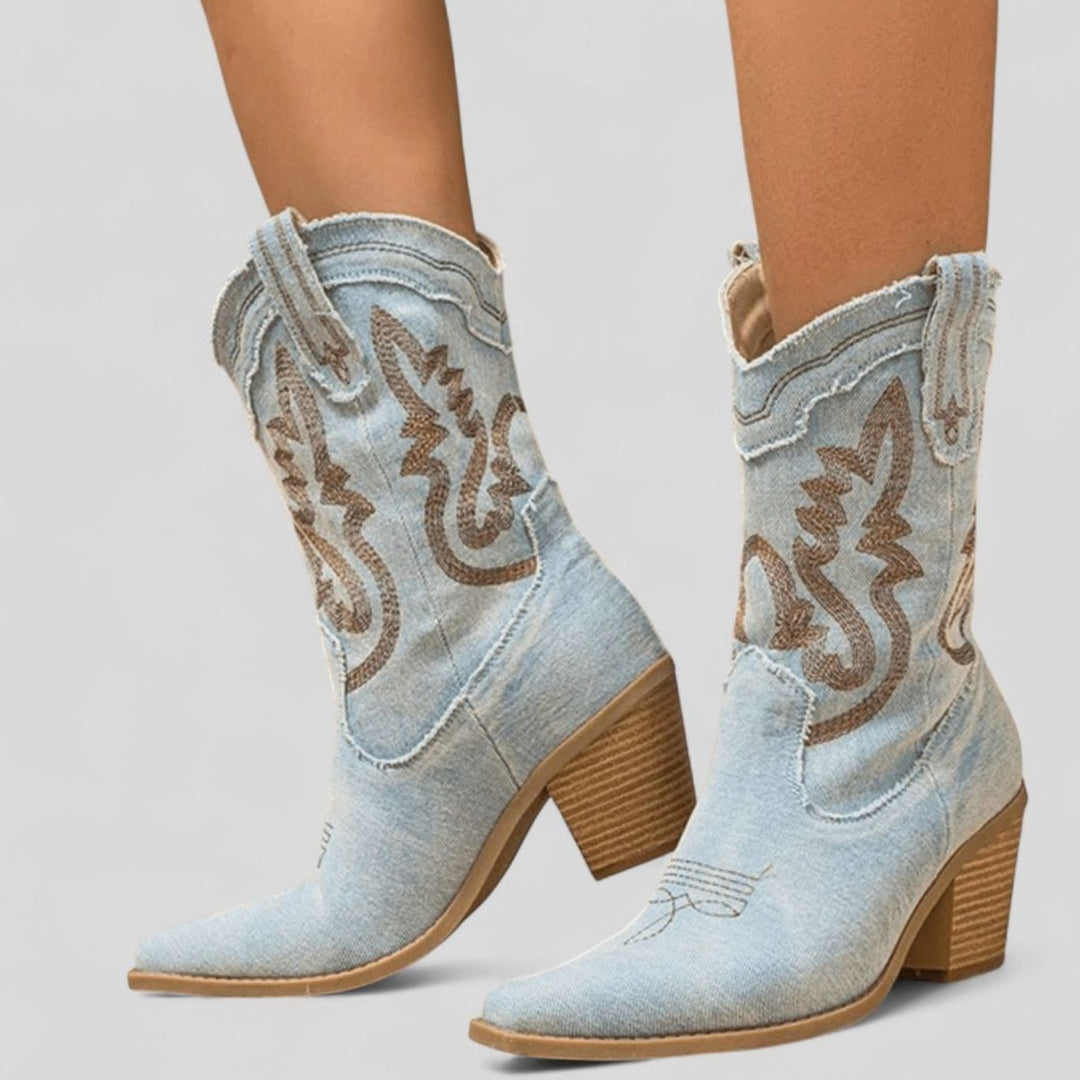 Women's Denim Embroidered Western Cowboy Ankle Boots - Light Blue