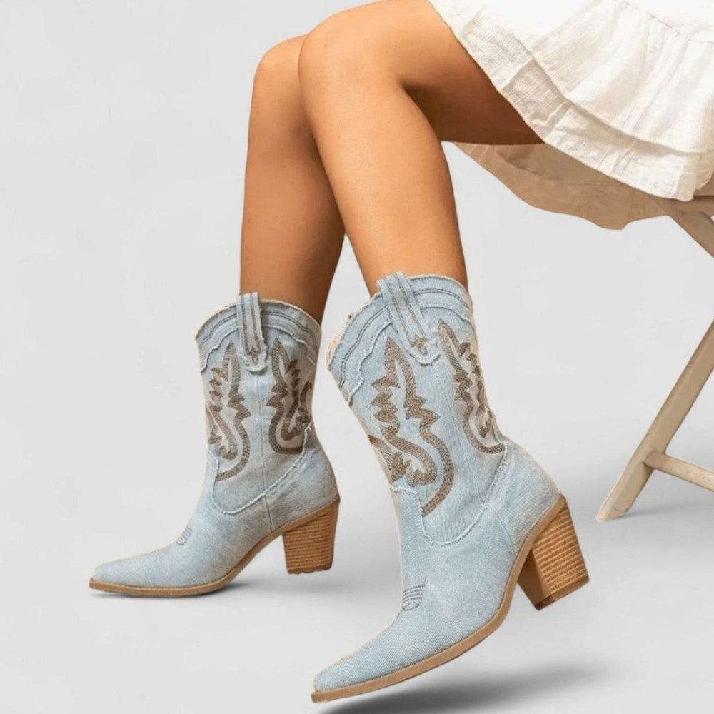Women's Denim Embroidered Western Cowboy Ankle Boots