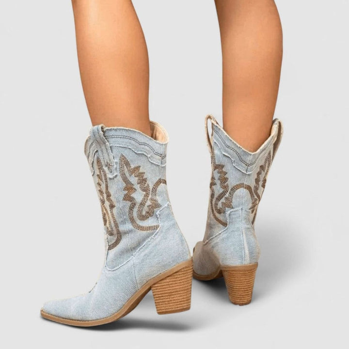 Women's Denim Embroidered Western Cowboy Ankle Boots