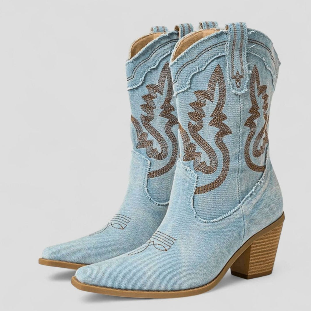 Women's Denim Embroidered Western Cowboy Ankle Boots