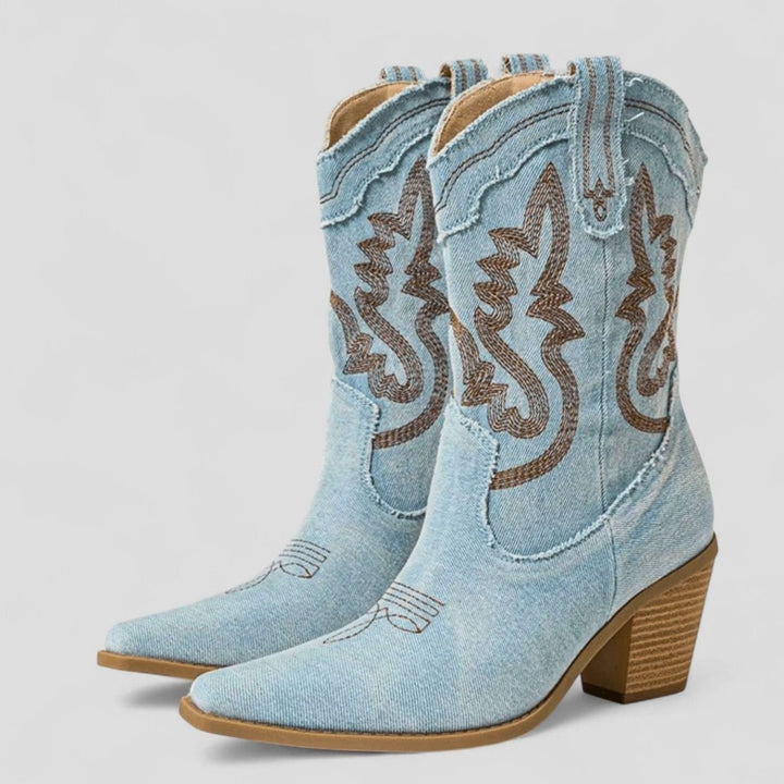 Women's Denim Embroidered Western Cowboy Ankle Boots