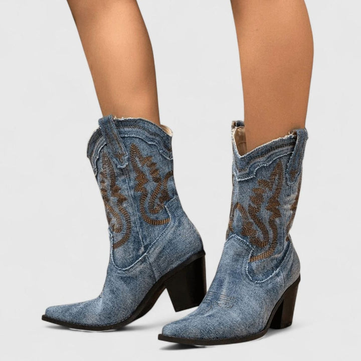 Women's Denim Embroidered Western Cowboy Ankle Boots - Dark Blue