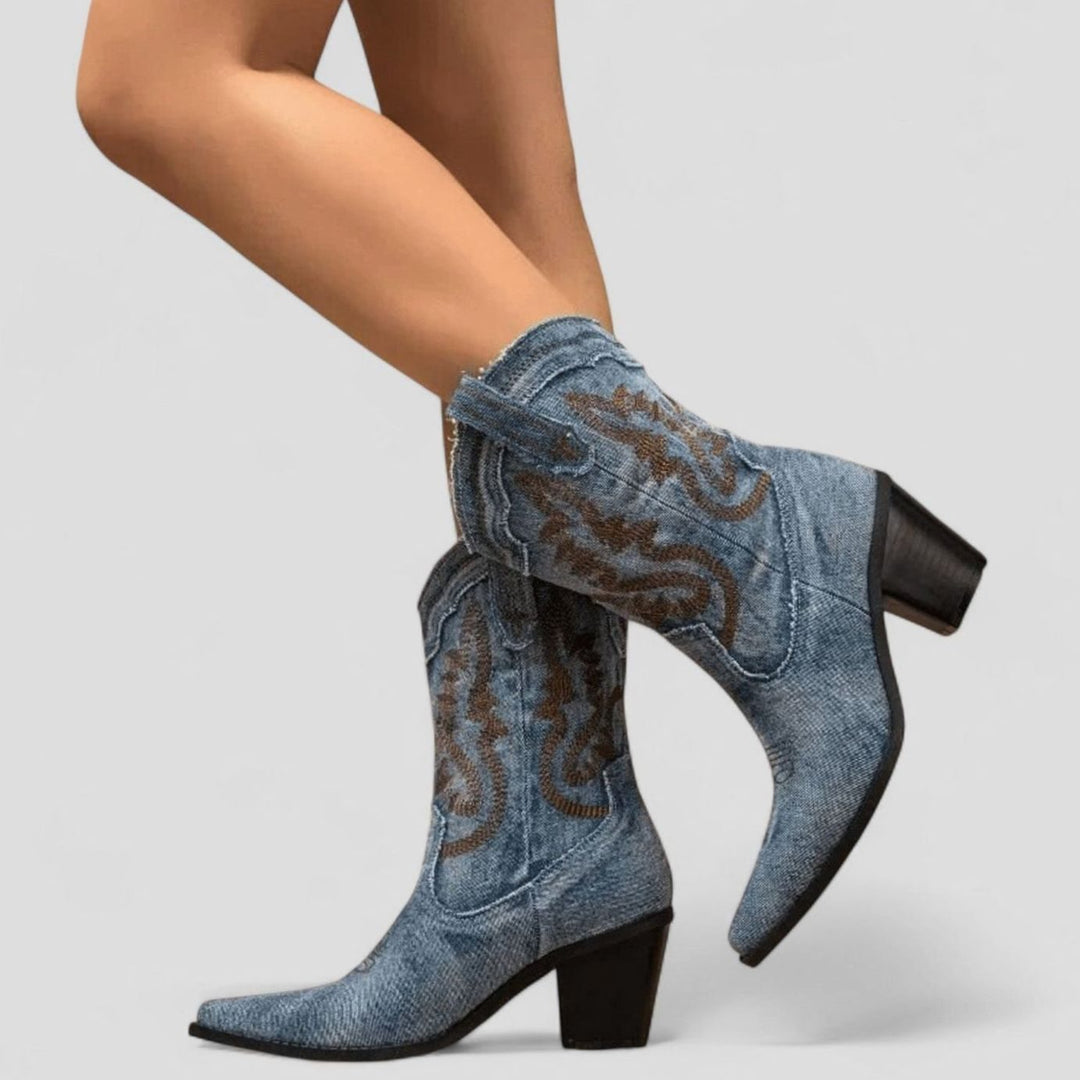 Women's Denim Embroidered Western Cowboy Ankle Boots