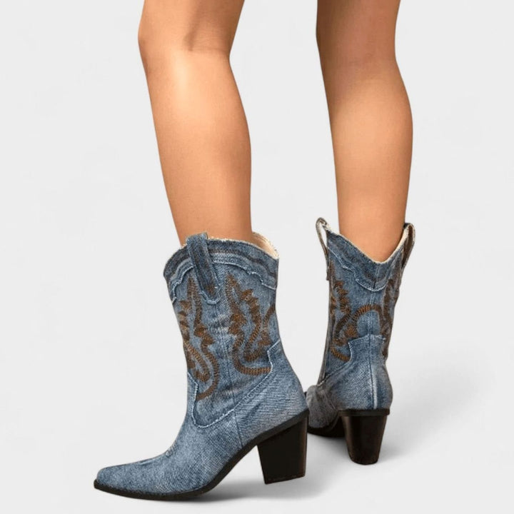 Women's Denim Embroidered Western Cowboy Ankle Boots
