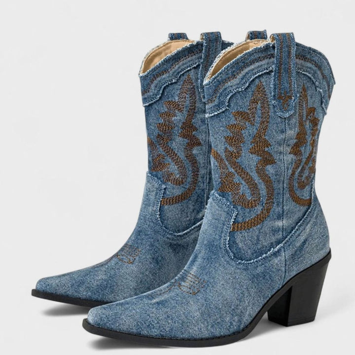 Women's Denim Embroidered Western Cowboy Ankle Boots