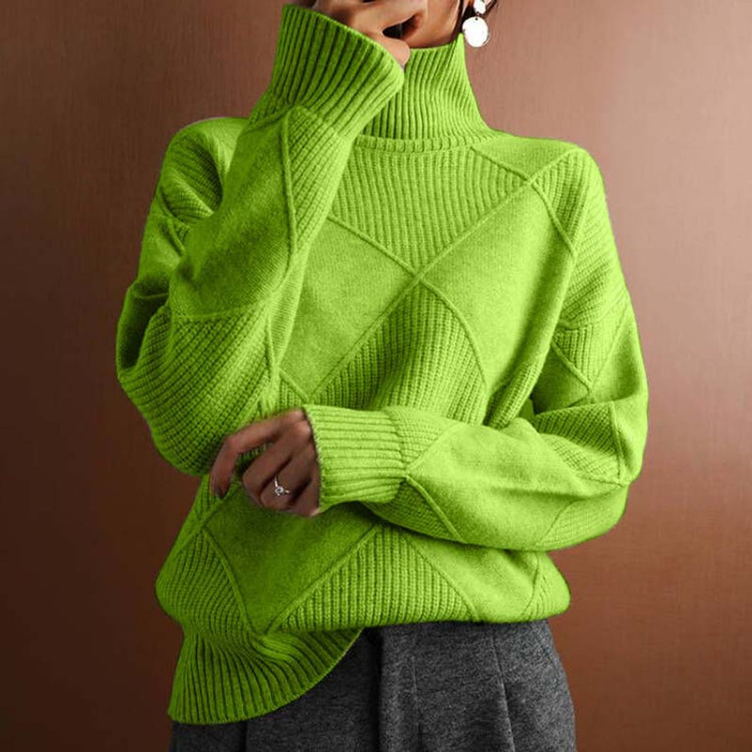 Women's Diamond-Knit Mock Turtleneck Sweater Relaxed Pullover - Green