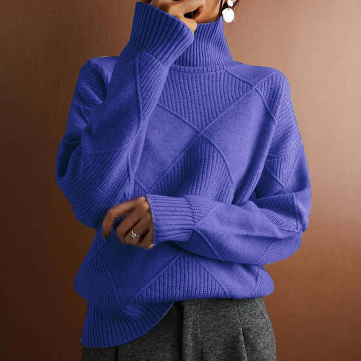 Women's Diamond-Knit Mock Turtleneck Sweater Relaxed Pullover - Blue