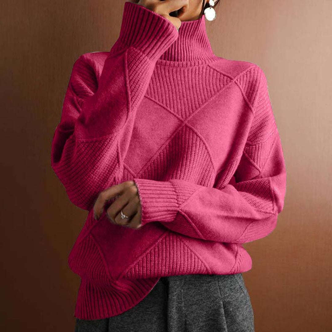 Women's Diamond-Knit Mock Turtleneck Sweater Relaxed Pullover - Pink