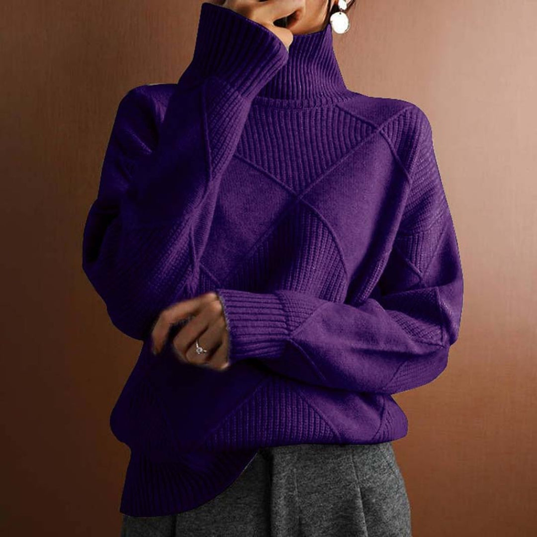 Women's Diamond-Knit Mock Turtleneck Sweater Relaxed Pullover - Dark Purple