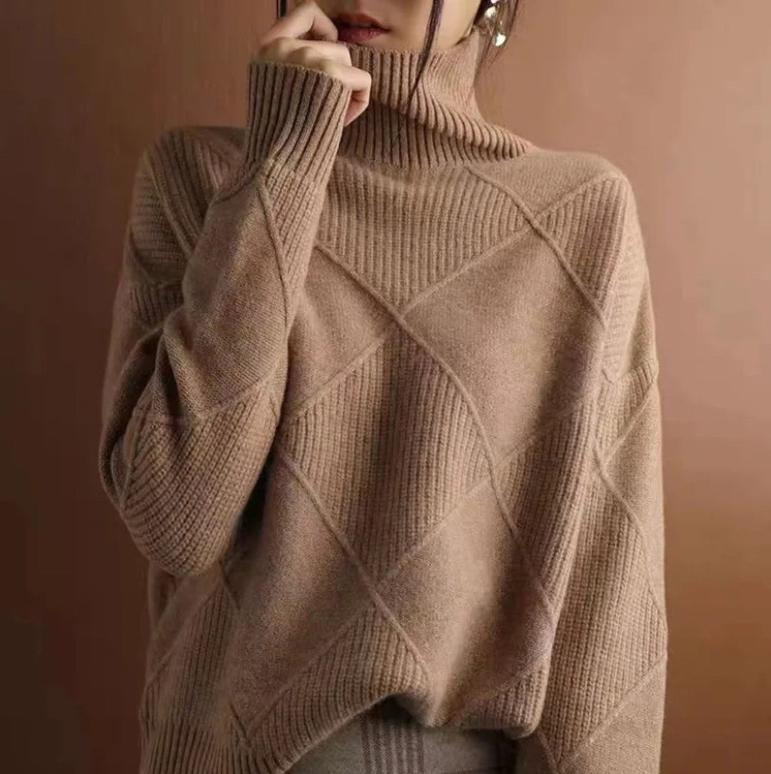 Women's Diamond-Knit Mock Turtleneck Sweater Relaxed Pullover - Brown