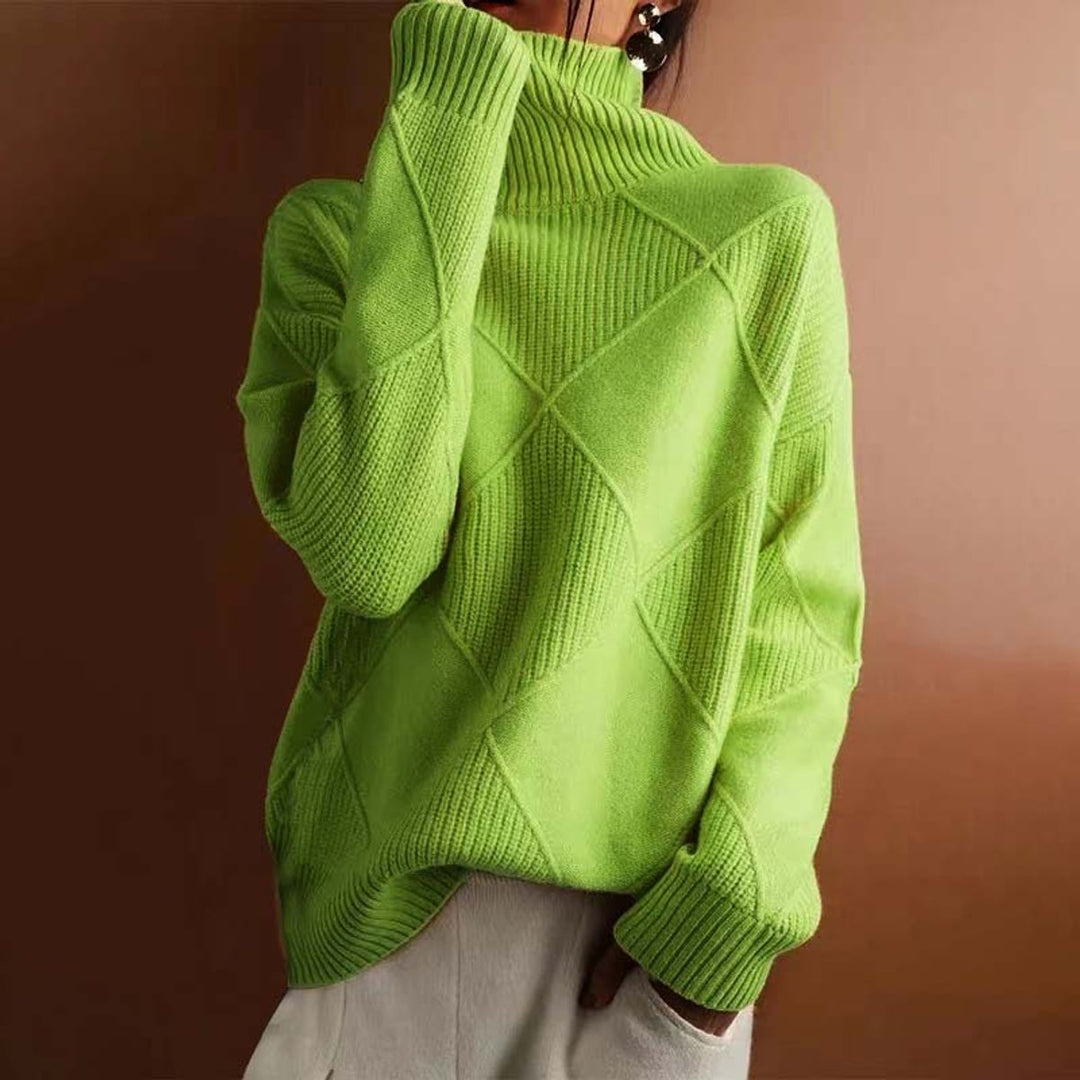 Women's Diamond-Knit Mock Turtleneck Sweater Relaxed Pullover