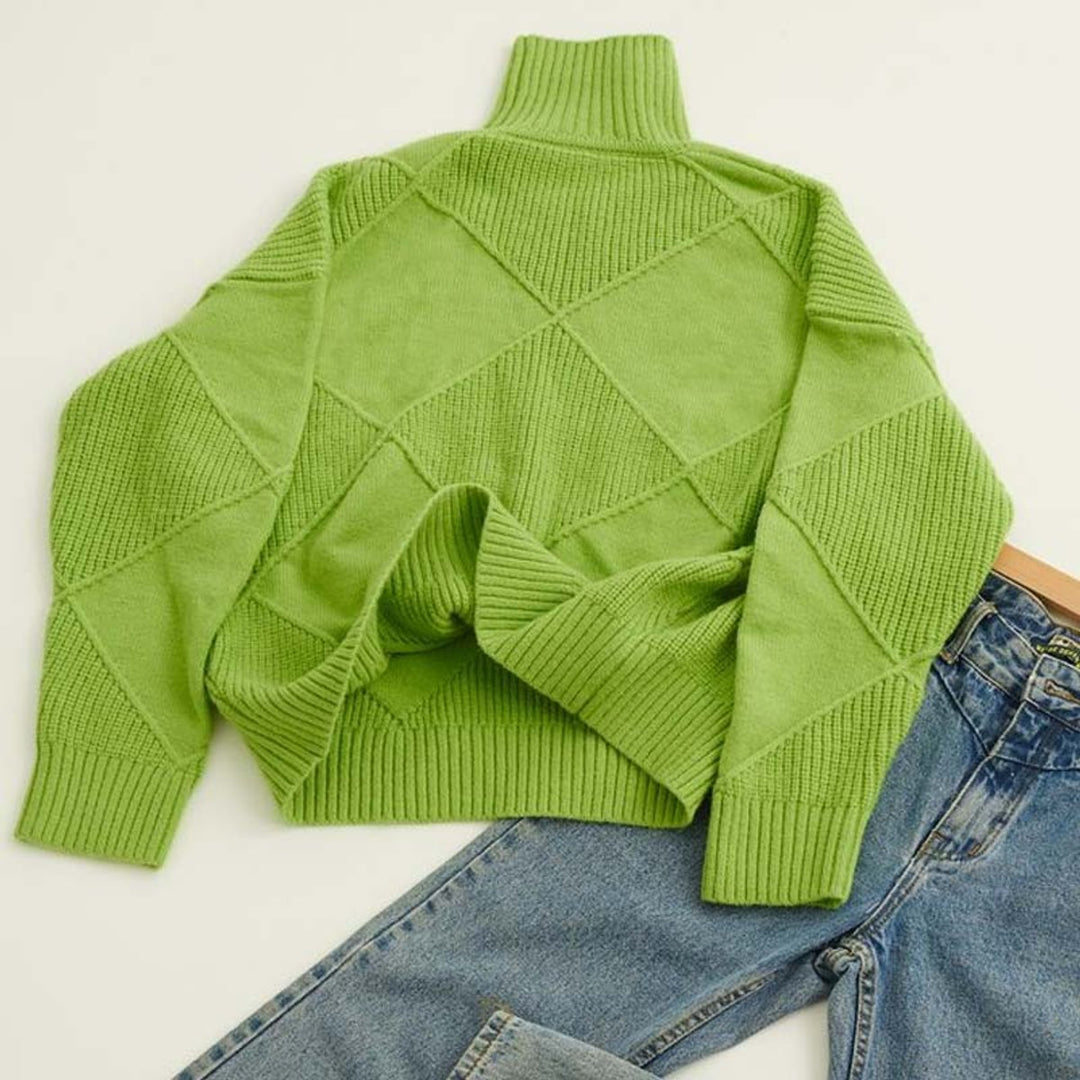 Women's Diamond-Knit Mock Turtleneck Sweater Relaxed Pullover