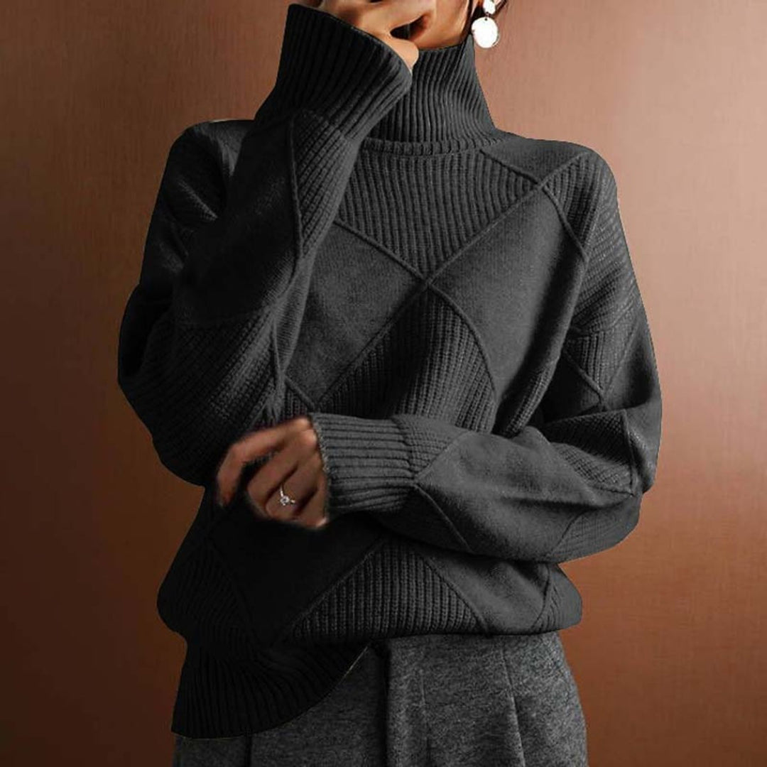 Women's Diamond-Knit Mock Turtleneck Sweater Relaxed Pullover - Black