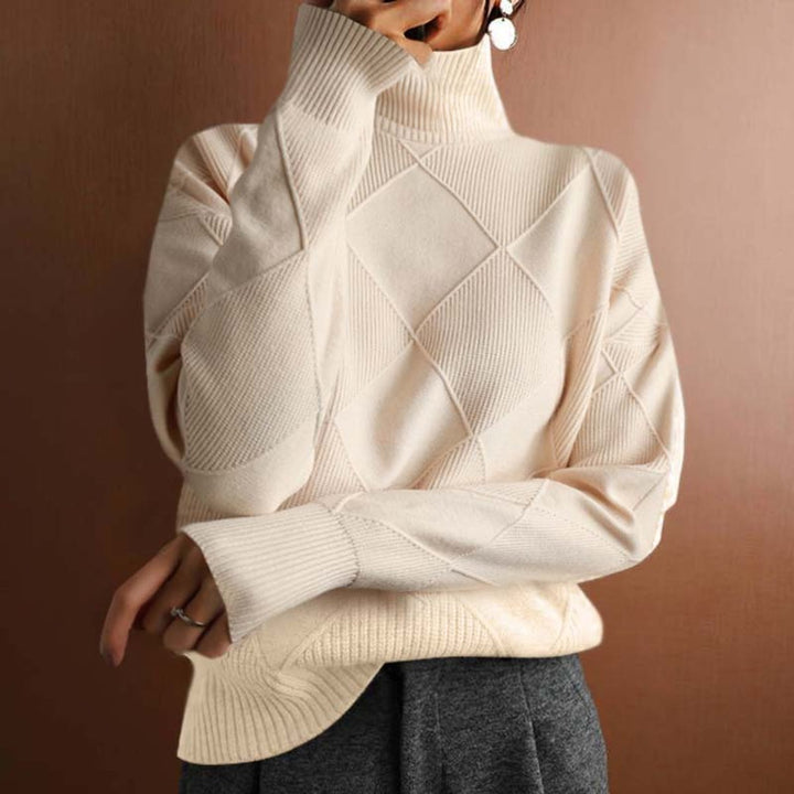 Women's Diamond-Knit Mock Turtleneck Sweater Relaxed Pullover - Beige