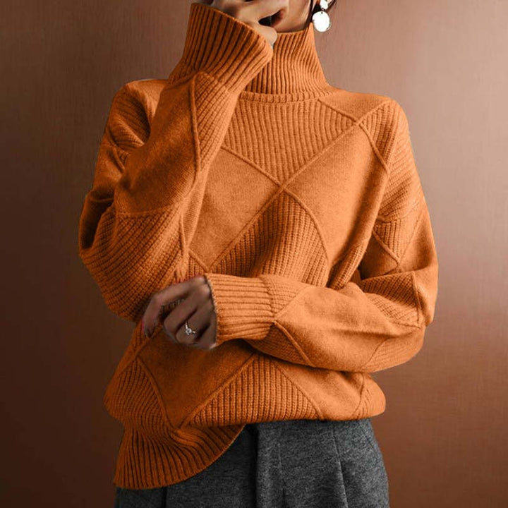 Women's Diamond-Knit Mock Turtleneck Sweater Relaxed Pullover - Orange