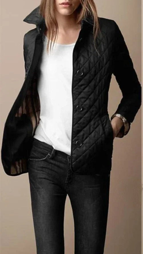 Women's Diamond-Quilted Button-Through Tailored Jacket - Black