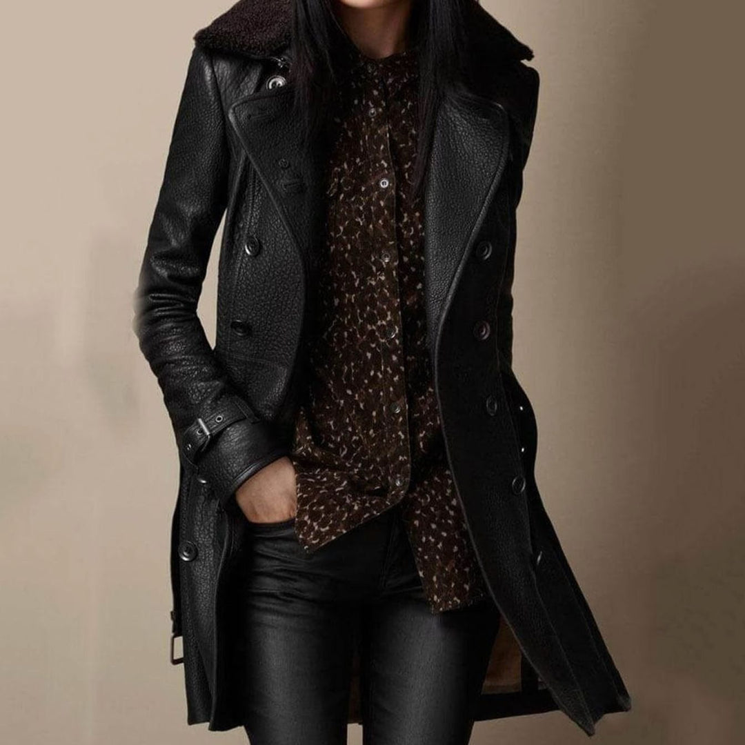 Women's Double-Breasted Belted Faux Leather Longline Coat