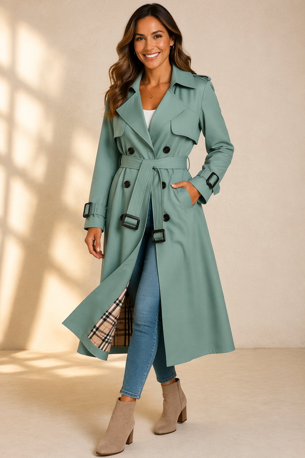 Women's Double-Breasted Belted Long Trench Coat - Green