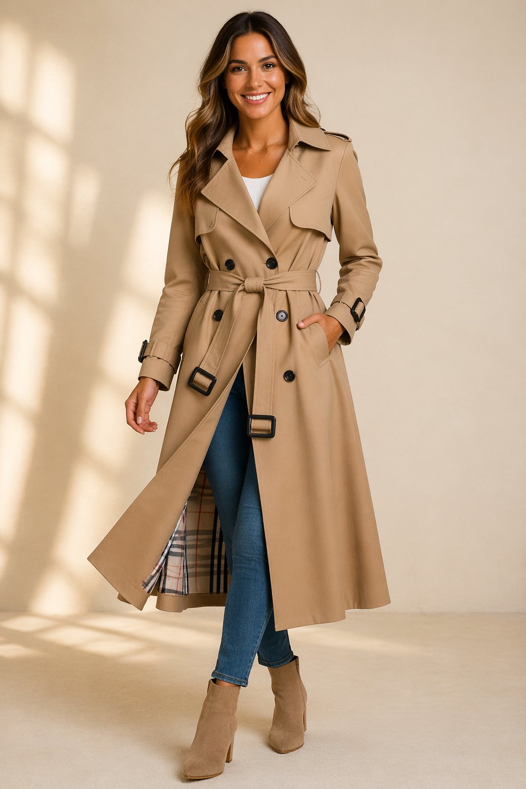 Women's Double-Breasted Belted Long Trench Coat - Beige