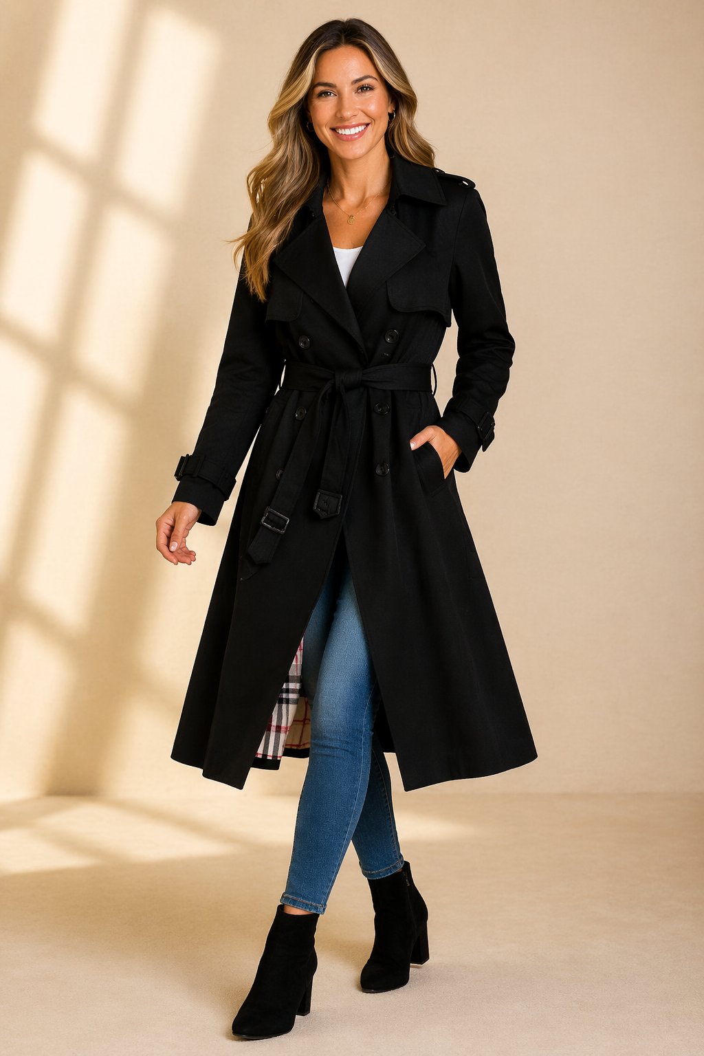 Women's Double-Breasted Belted Long Trench Coat - Black