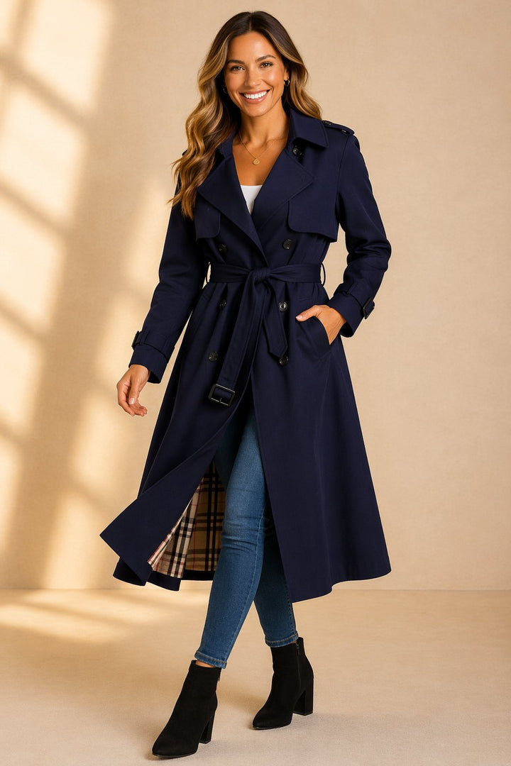 Women's Double-Breasted Belted Long Trench Coat - Navy