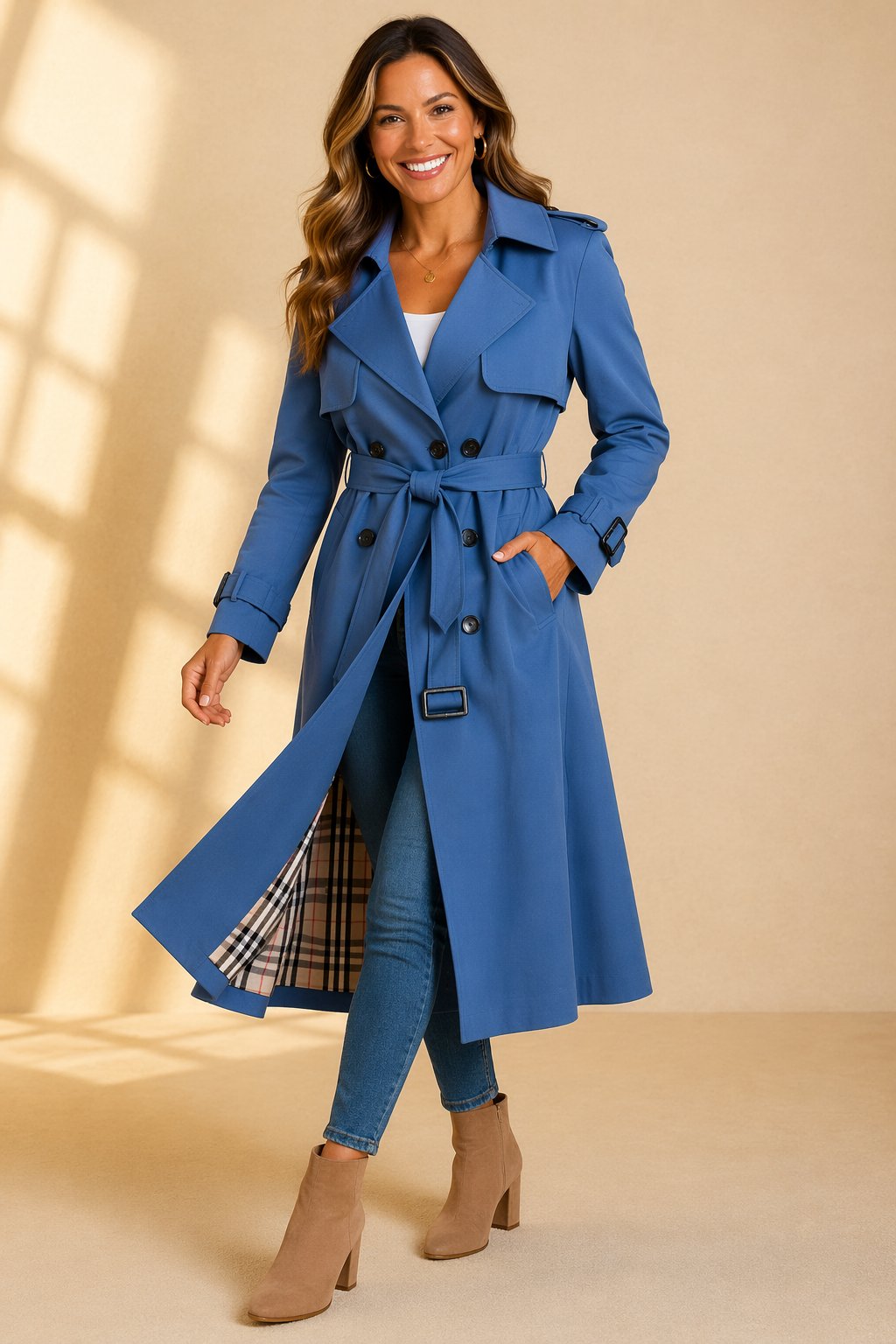Women's Double-Breasted Belted Long Trench Coat - Blue
