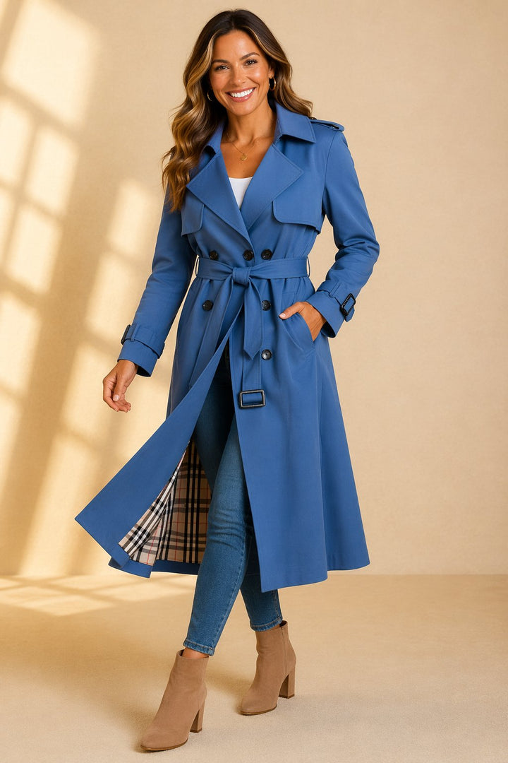 Women's Double-Breasted Belted Long Trench Coat - Blue