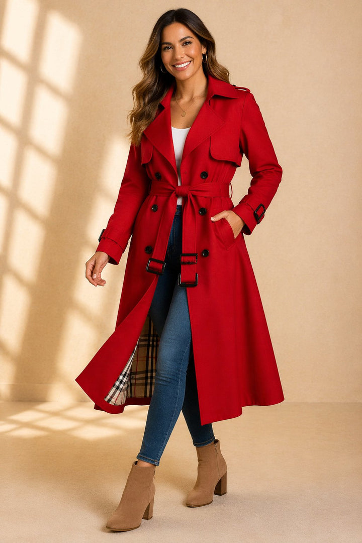 Women's Double-Breasted Belted Long Trench Coat - Red