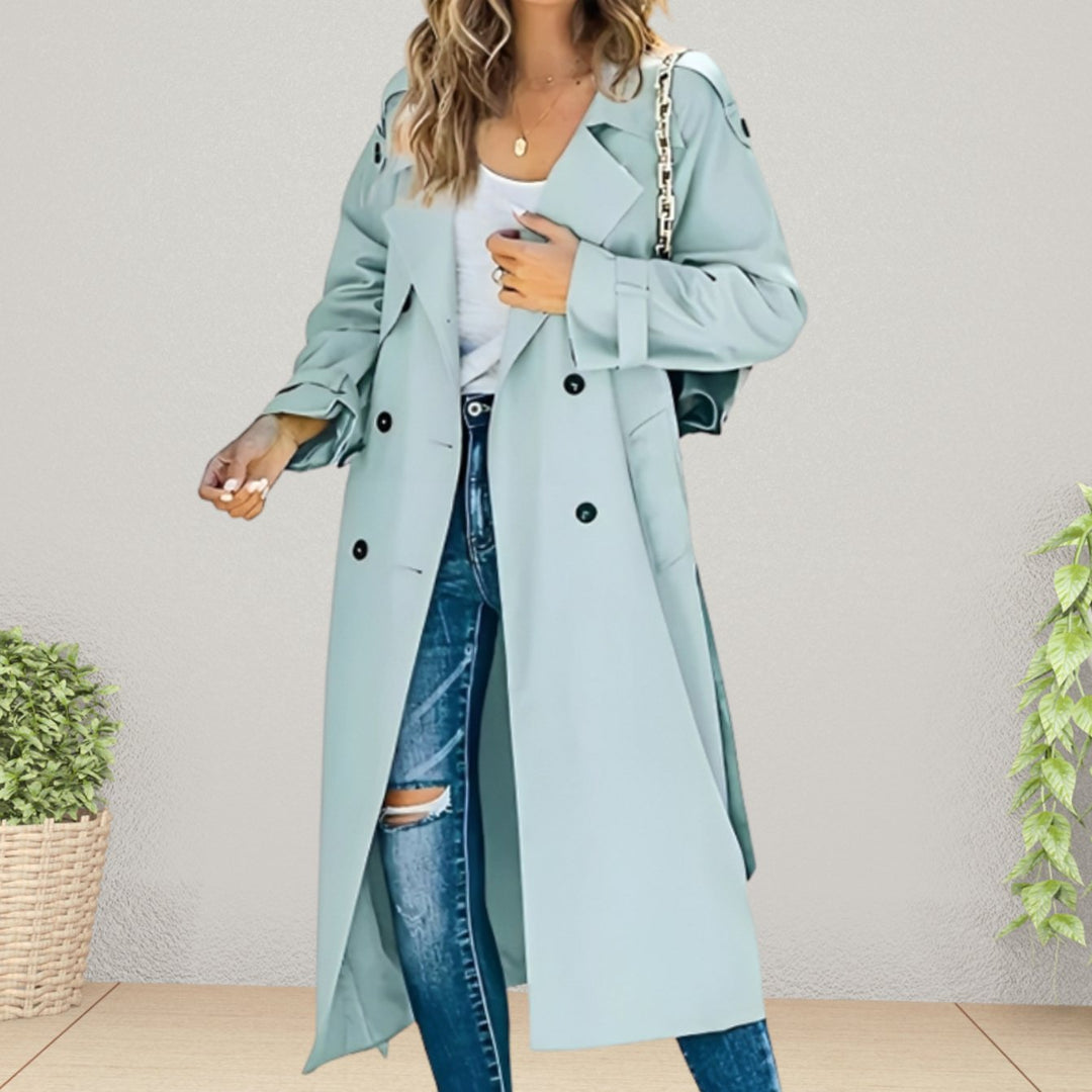 Women's Double-Breasted Belted Longline Trench Coat - Light Blue