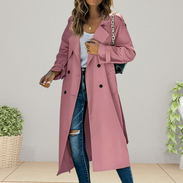 Women's Double-Breasted Belted Longline Trench Coat - Pink
