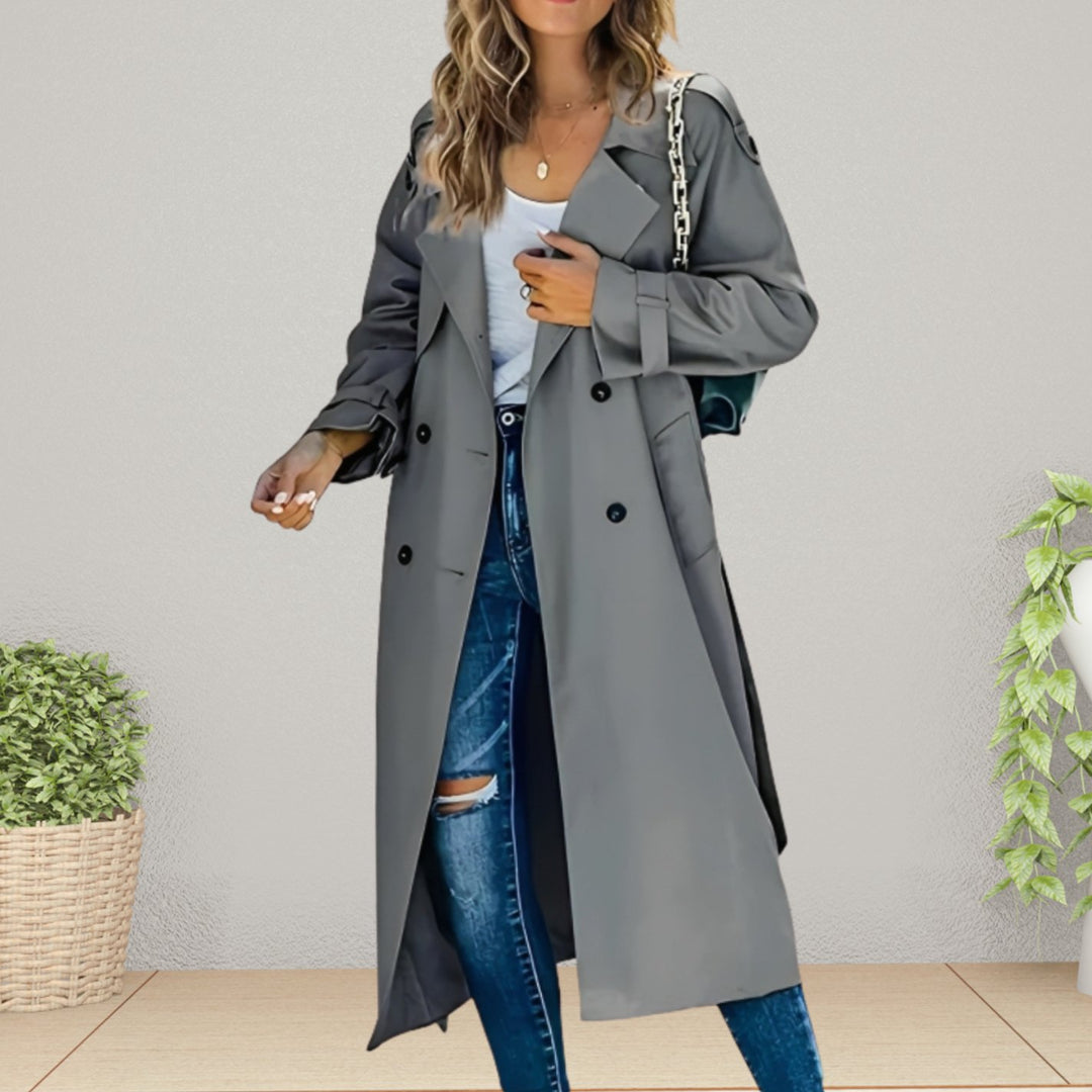 Women's Double-Breasted Belted Longline Trench Coat - Grey