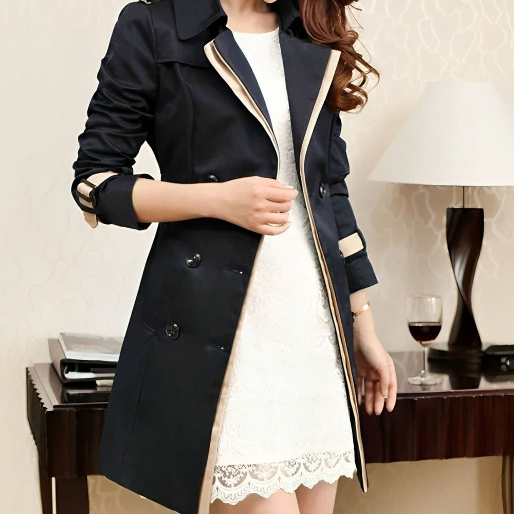 Women's Double-Breasted Contrast-Trim Tailored Trench Coat