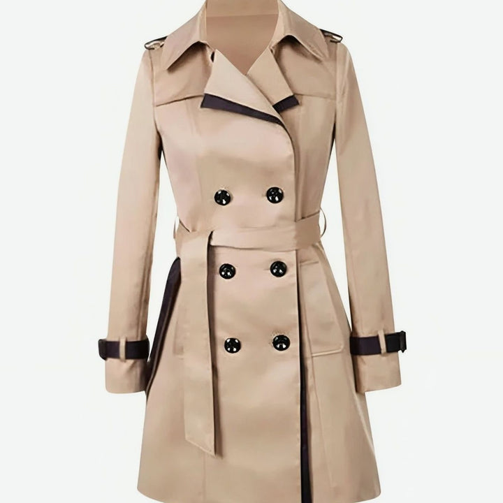 Women's Double-Breasted Contrast-Trim Tailored Trench Coat - Khaki