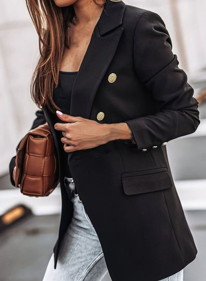 Women's Double-Breasted Gold-Button Blazer Slim Structured Workwear Jacket - Black
