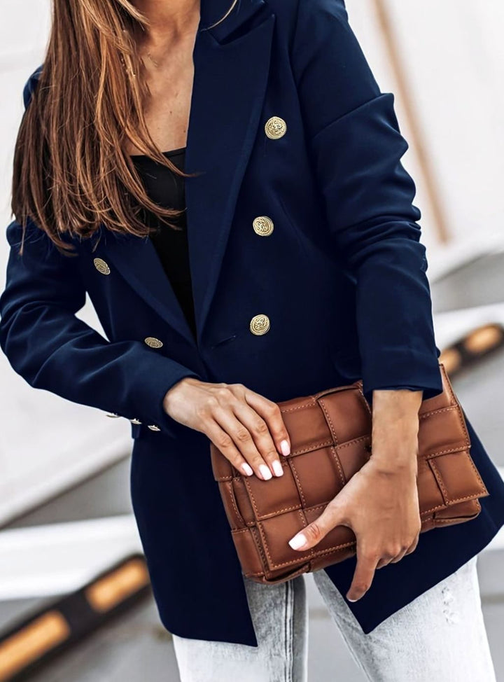Women's Double-Breasted Gold-Button Blazer Slim Structured Workwear Jacket - Blue
