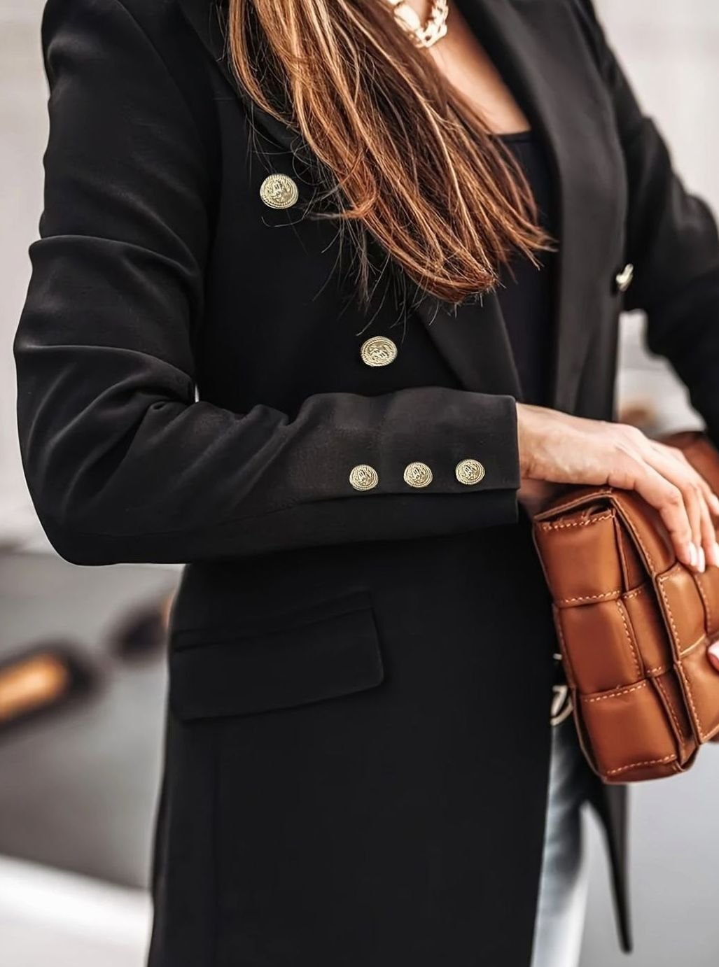 Women's Double-Breasted Gold-Button Blazer Slim Structured Workwear Jacket