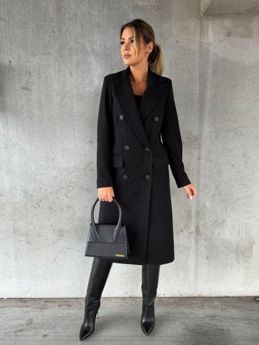Women's Double-Breasted Long Polyester Overcoat - Black