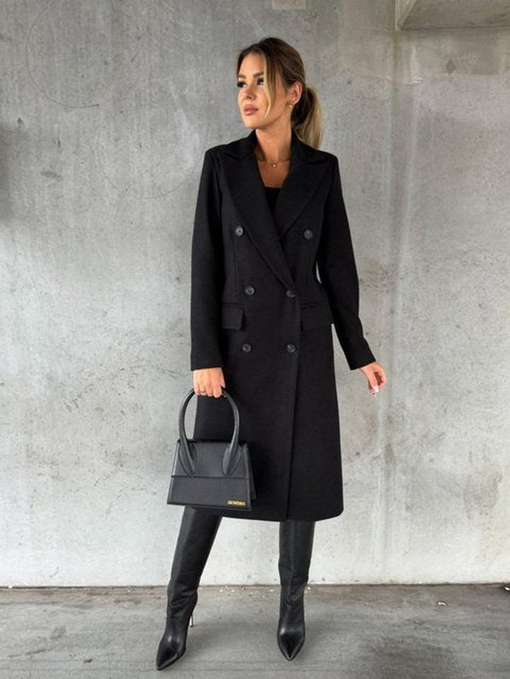 Women's Double-Breasted Long Polyester Overcoat - Black