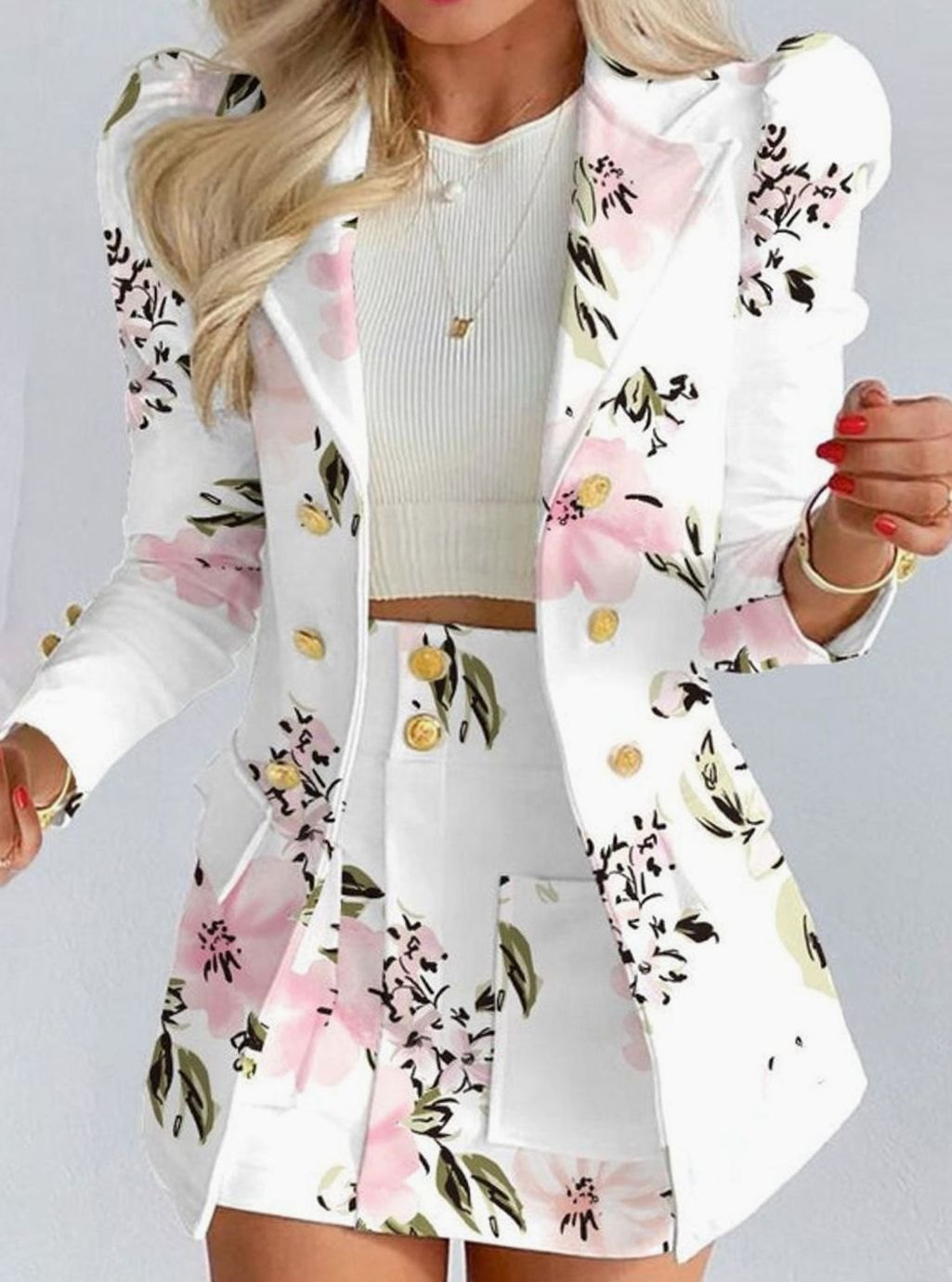 Women's Double-Breasted Puff-Sleeve Blazer Floral Skirt Co-ord Set - White - Floral