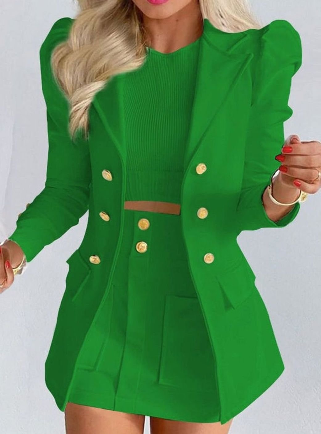 Women's Double-Breasted Puff-Sleeve Blazer Floral Skirt Co-ord Set - Green