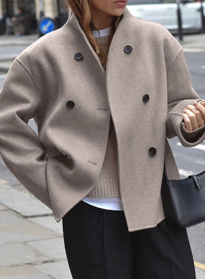 Women's Double-Breasted Tailored Short Wool-Blend Coat - Khaki
