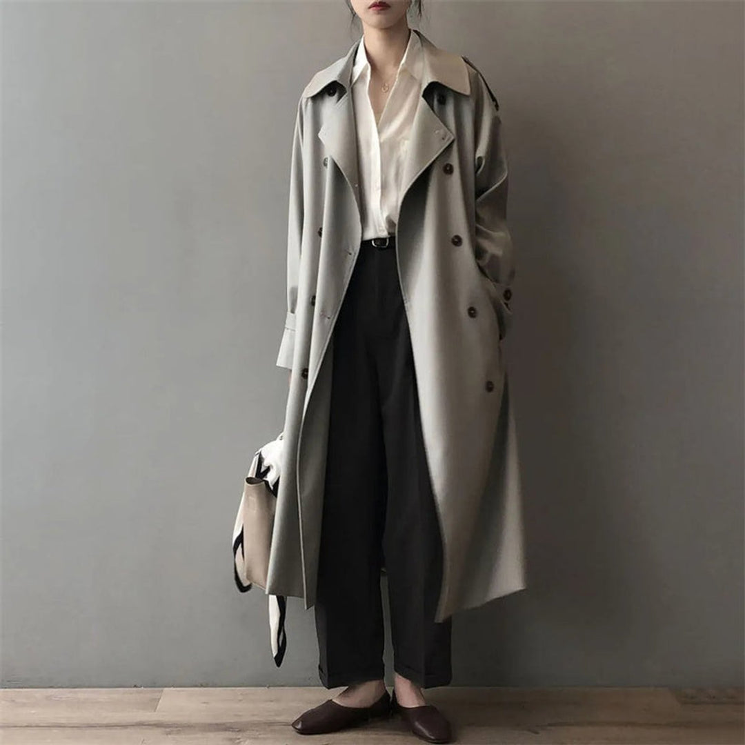 Women's Double-Breasted Water-Repellent Long Trench Coat - Gray