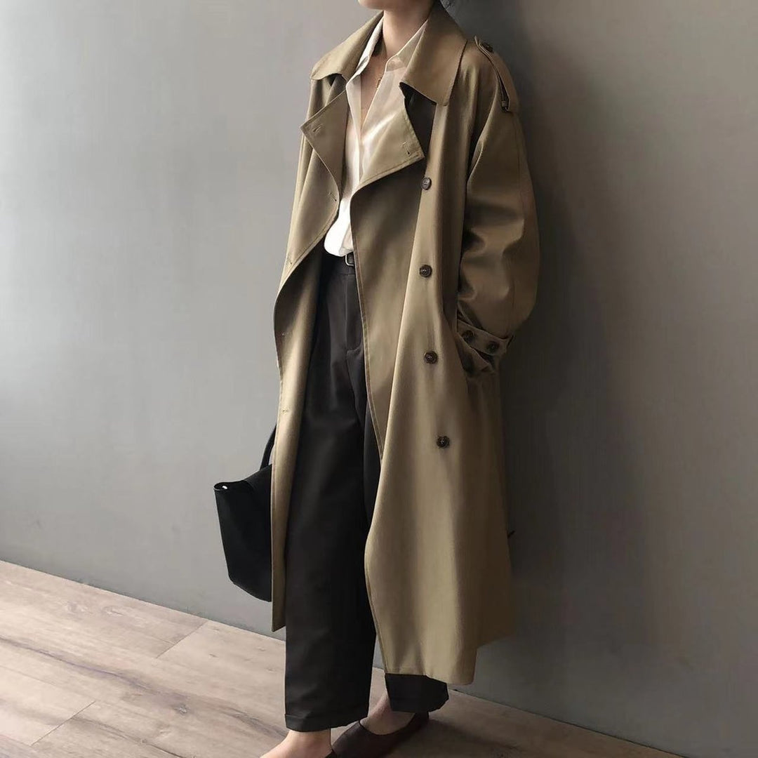 Women's Double-Breasted Water-Repellent Long Trench Coat - Khaki